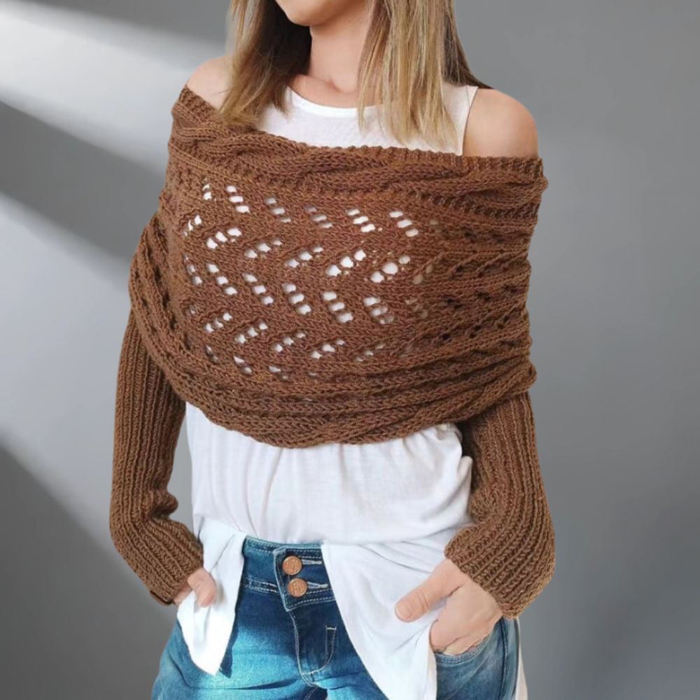 Châle tissé WarmWrap™ de Danoir Paris, élégant et chaud, porté enroulé pour un style sophistiqué et confortable.