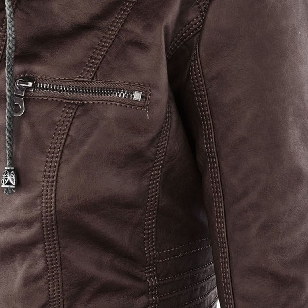 Veste motard élégante Kiana de Danoir Paris, en marron, taille XS, avec détails sophistiqués et style moderne.