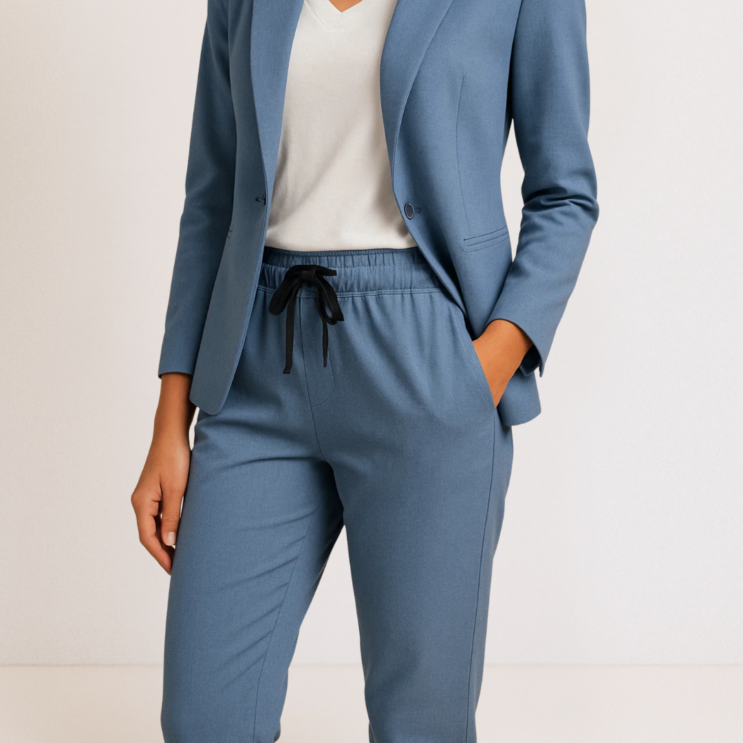 Ensemble deux pièces élégant Danoir Paris Monique en bleu, costume sophistiqué avec veste et pantalon, vue de face.