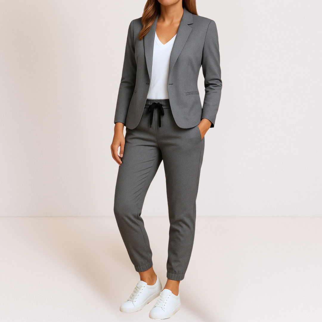 Veste et pantalon élégants Danoir Paris Monique, costume deux pièces pour femmes, en tissu chic avec détails sophistiqués