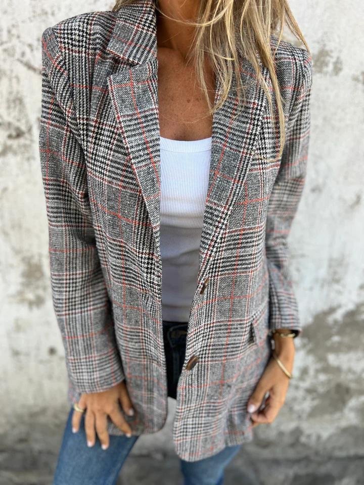 Manteau à carreaux Danoir Paris Fleur, élégant, coupe ajustée, avec col et boutons, idéal pour l'automne et l'hiver.
