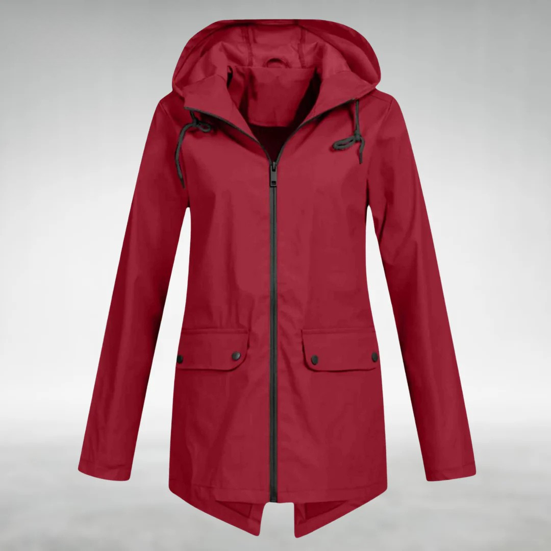 Vêtement imperméable Danoir Paris Arlyn FR902 élégant avec capuche et fermeture éclair, idéal pour la pluie.