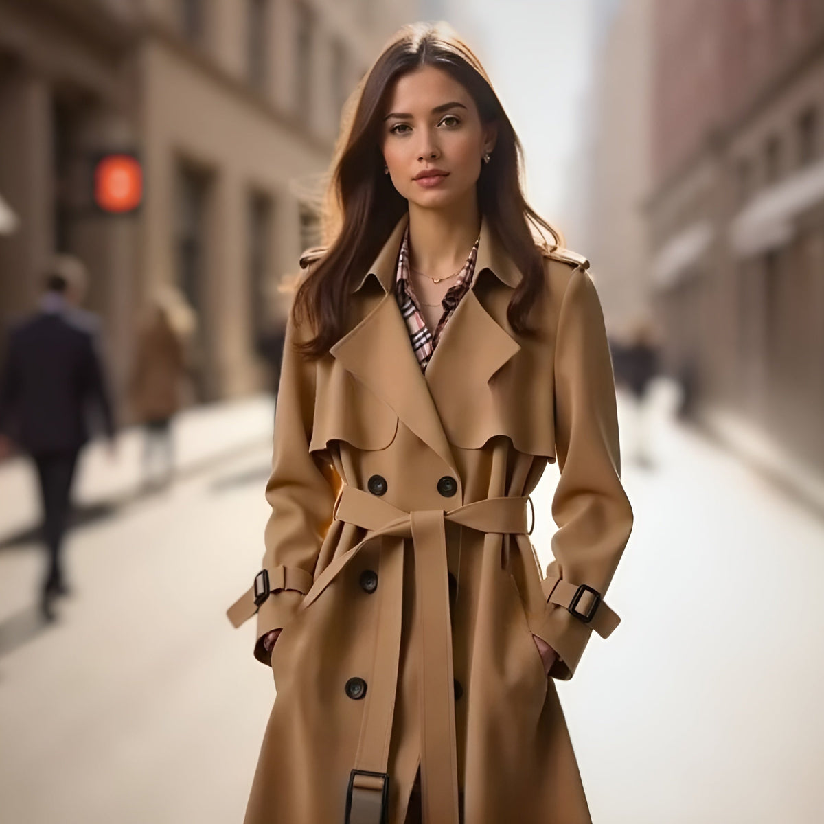 Imperméable beige Danoir Paris Helena Fr928, trench-coat élégant automnal avec ceinture et col classique, porté par un mannequin.