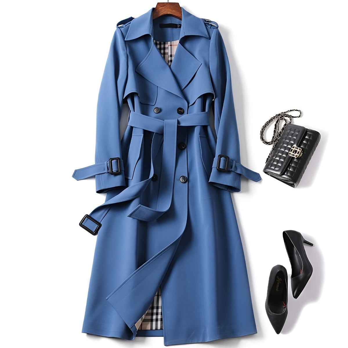 Trench-coat élégant automnal Danoir Paris Helena en beige, veste longue avec ceinture et détails sophistiqués.