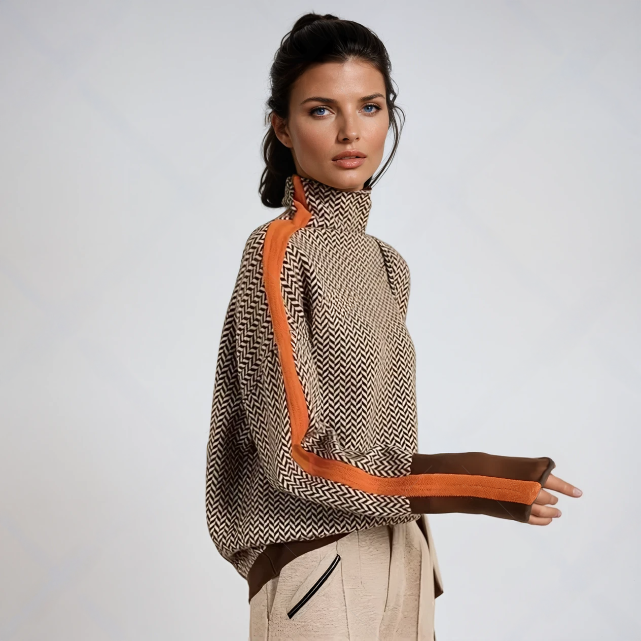Pull roulé orange Sylvie de Danoir Paris, élégance et style, porté en mode décontracté, visible en image.