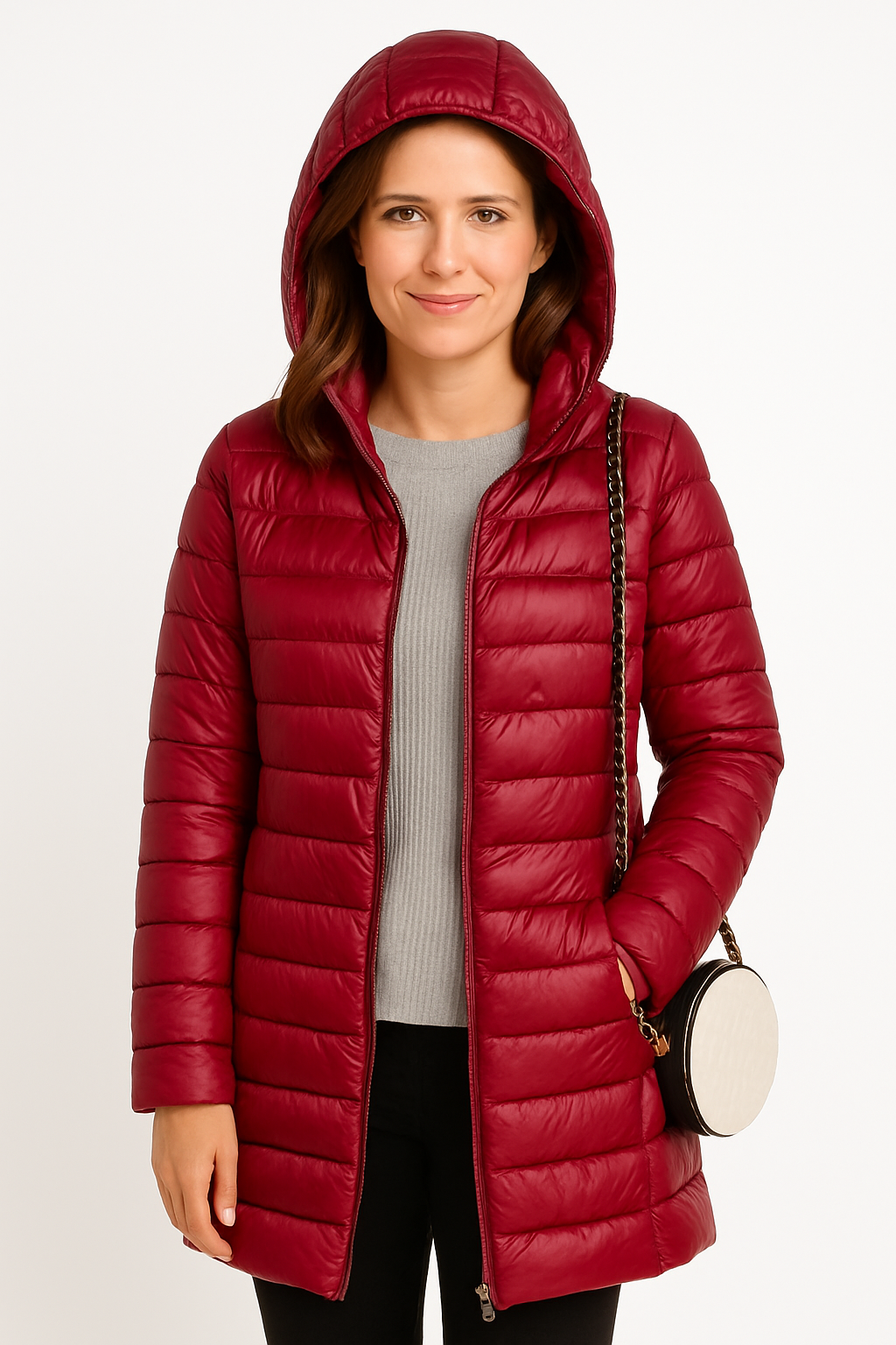 Veste ultra légère Aurora de Danoir Paris, élégante et bleue, vue de face sur un mannequin.