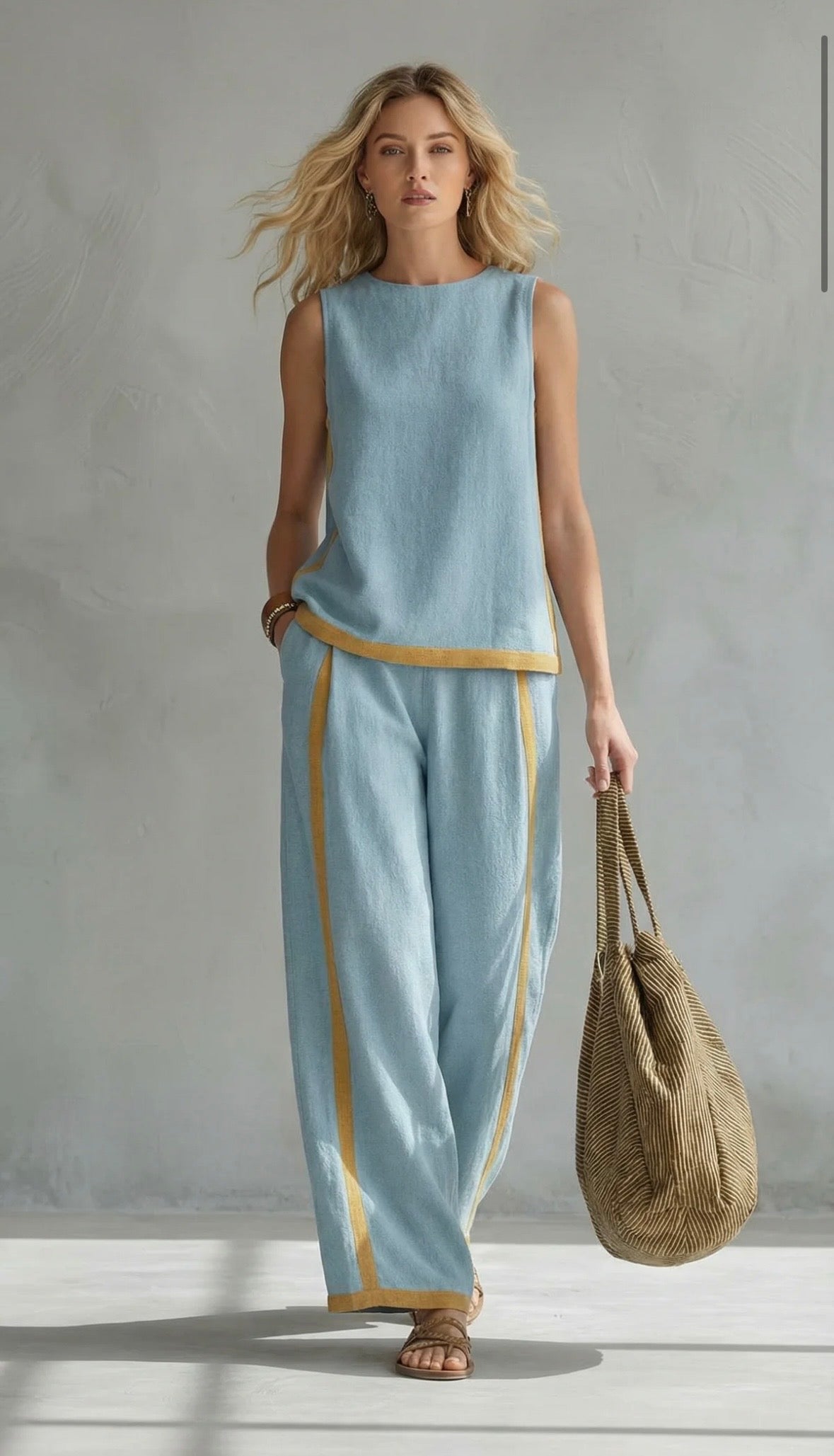 Ensemble deux pièces élégant Leila de Danoir Paris, comprenant un haut et un pantalon en tissu fluide, coloris neutre.