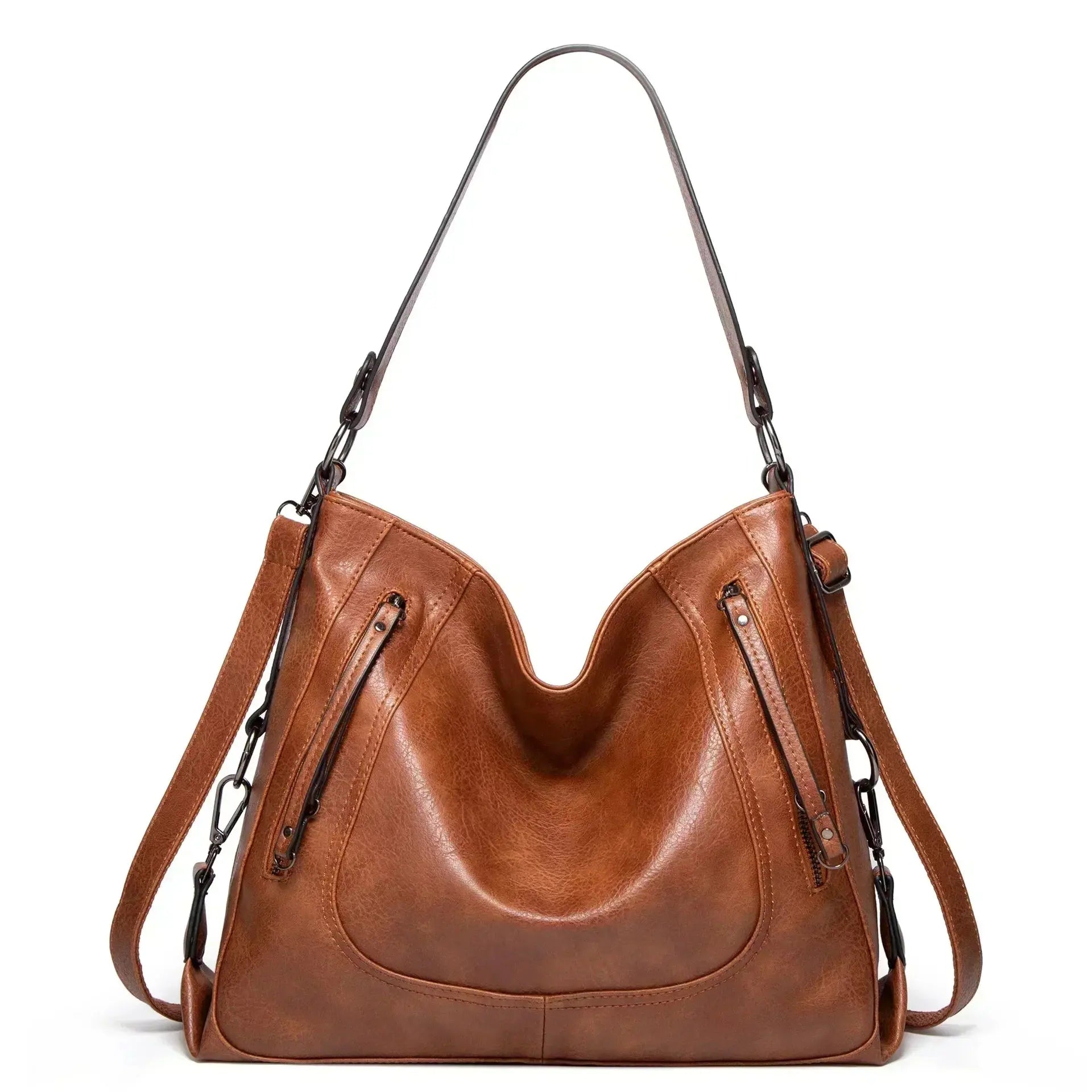 Sac à main Danoir Paris Nora, sac élégant quotidien en cuir avec poignées et fermeture zippée, vue de face.