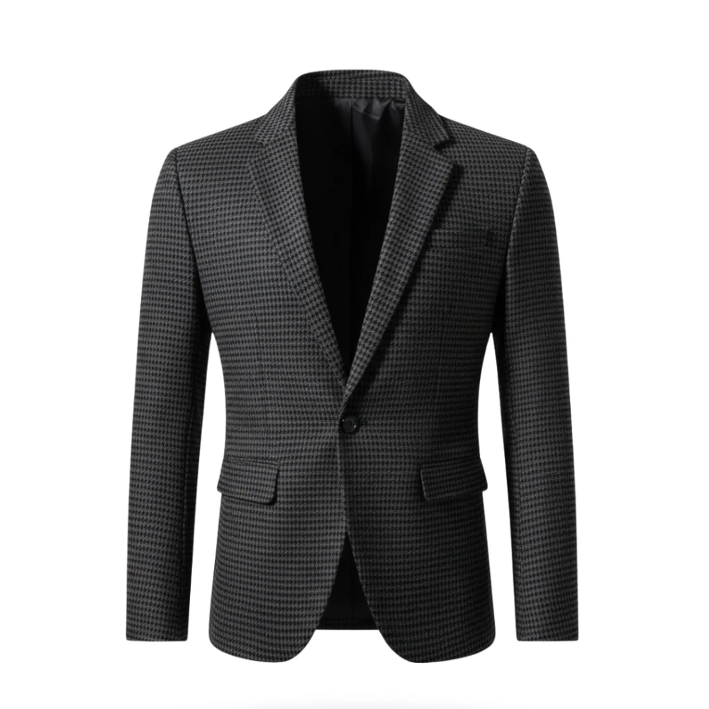 Blazer homme sur mesure de Danoir Paris, coupe élégante, en tissu noir avec détails raffinés.