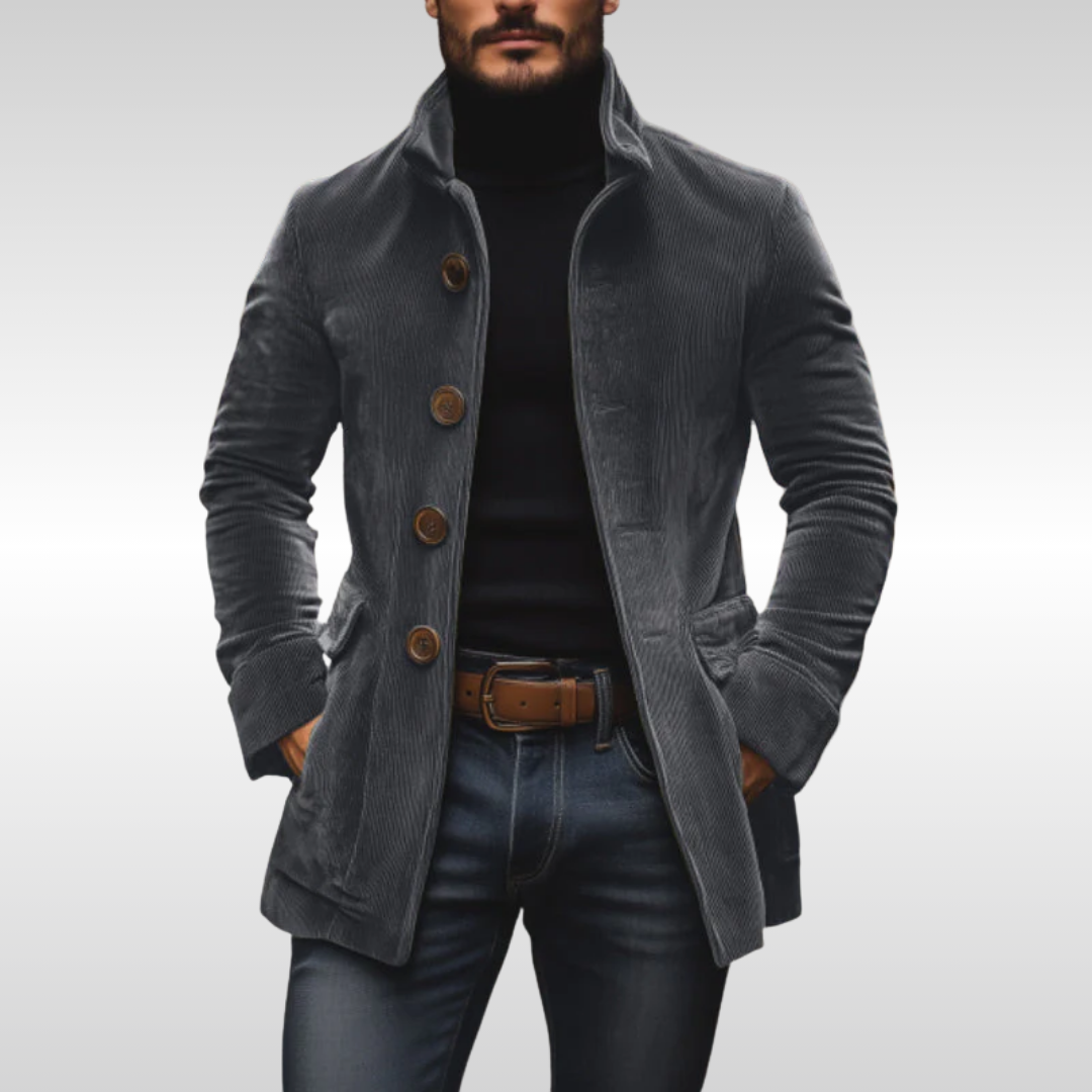 Veste en velours côtelé Danoir Paris™ avec col montant et boutons, portée décontractée, vue de face.