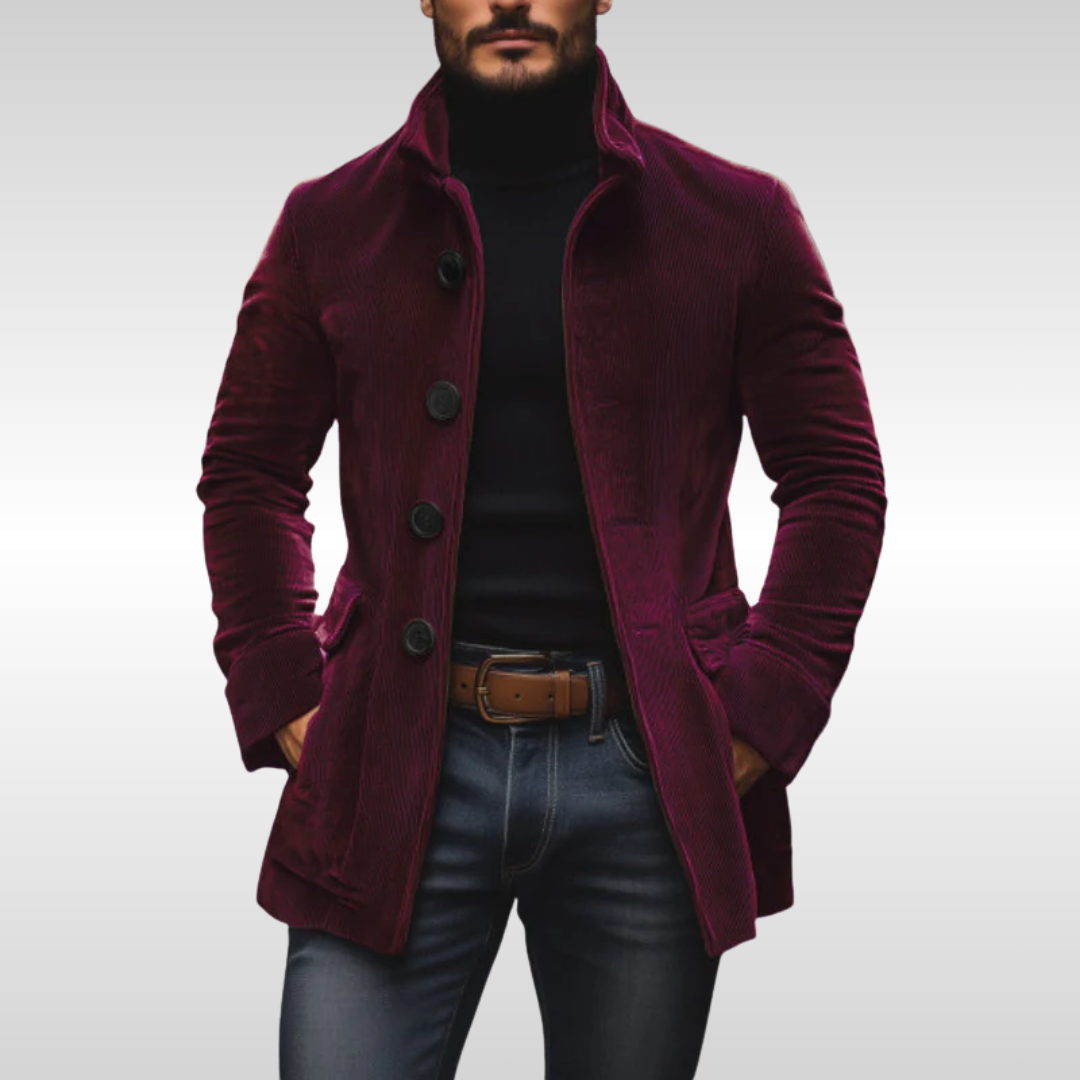 Veste en velours côtelé Danoir Paris™ avec col montant et poches latérales, tissu doux et élégant, vue de face.