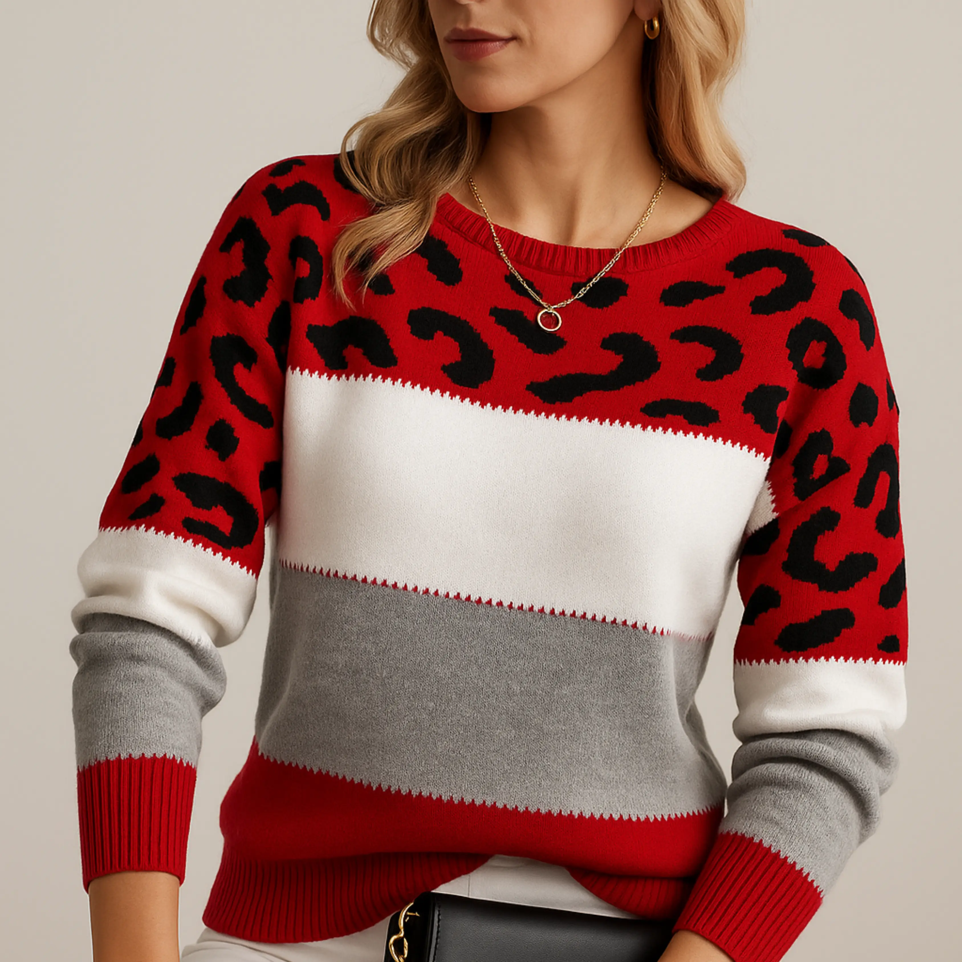 Pull en maille élégant à motif léopard Danoir Paris, doux et tendance, porté sur un fond neutre.