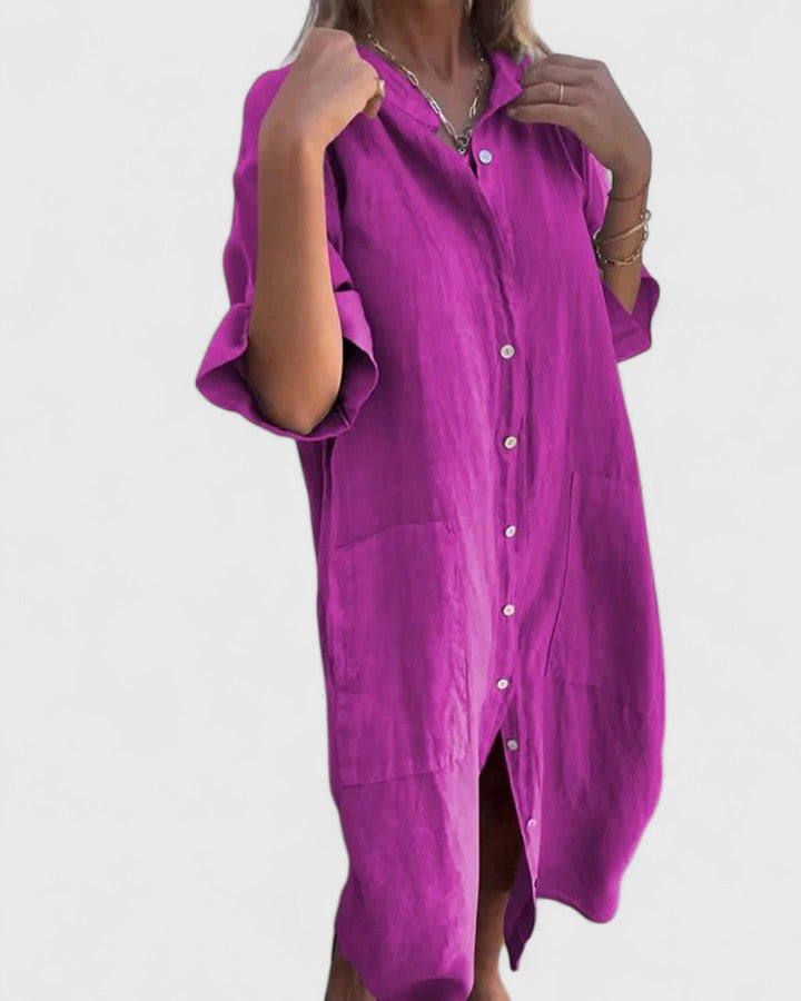 Robe en lin élégante Marella par Danoir Paris, coupe fluide et sophistiquée, portée avec accessoires dans un style chic.