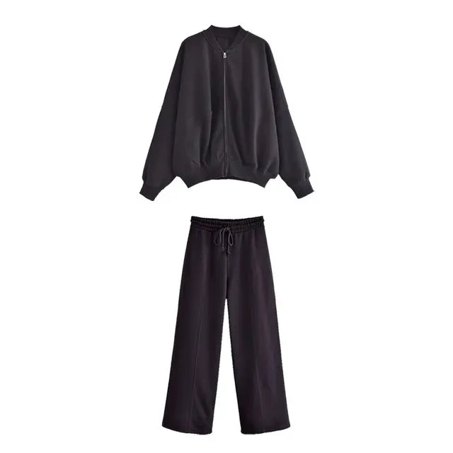 Ensemble bomber tendance Sandrine de Danoir Paris, veste oversize et pantalon taille haute en fleece chaud pour femmes.