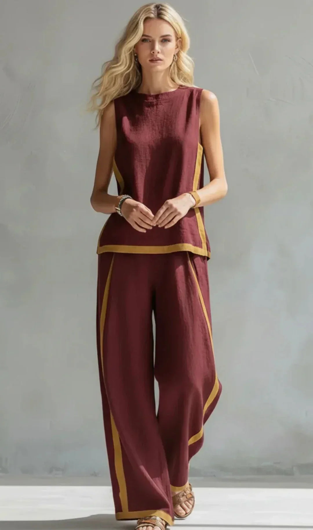 Ensemble Ursula Danoir Paris avec gilet et pantalon gris chic-décontracté, finitions bicolores, élégance moderne.
