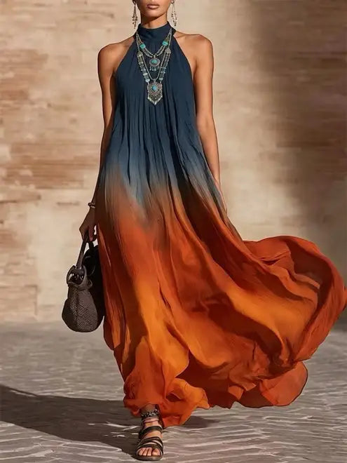 Robe longue halter dégradée Paula, marque Danoir Paris, en tissu fluide avec décolleté en V, vue de face.