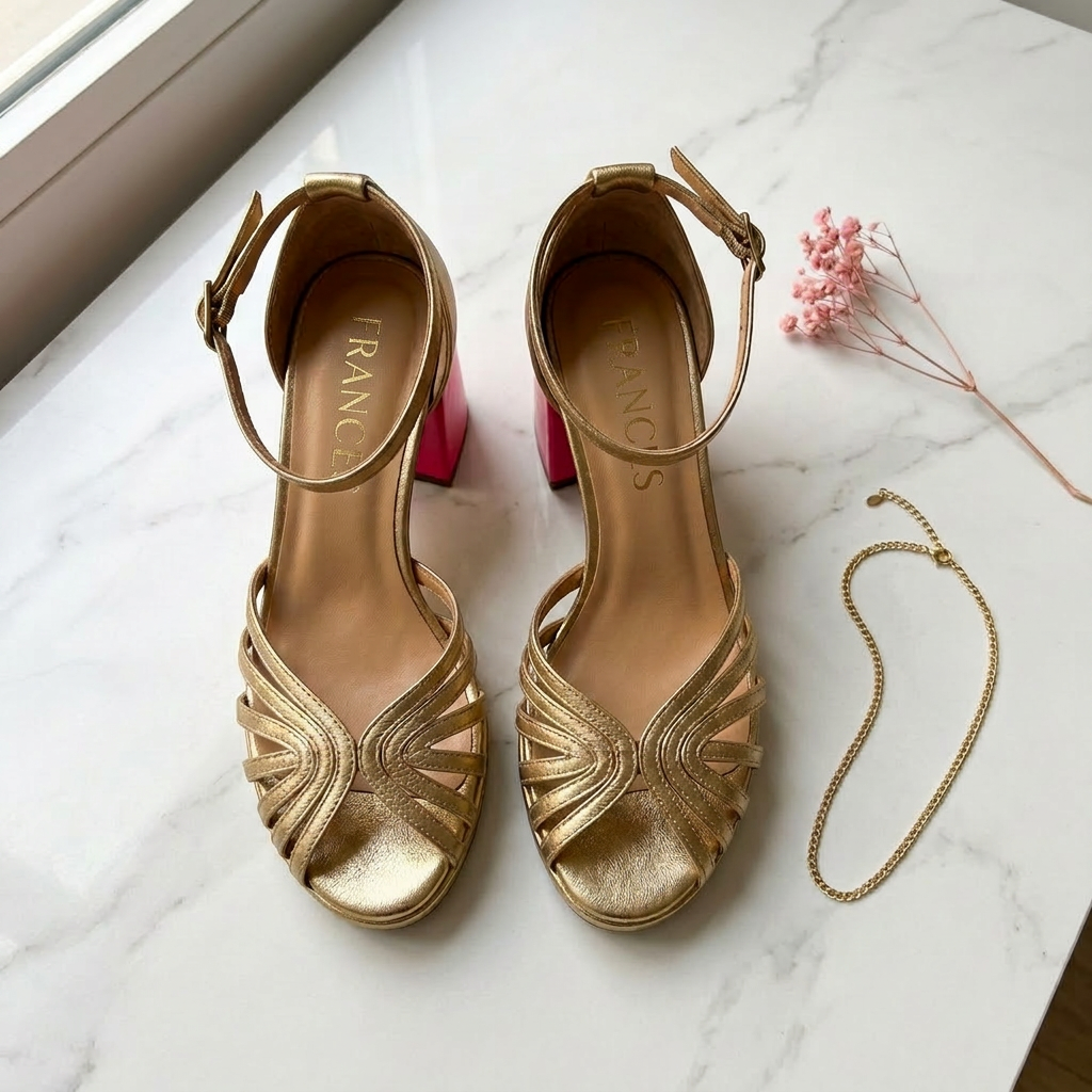 Escarpins sophistiqués Danoir Paris Frances™ en or rose, talons élégants et finition brillante, vue de côté.