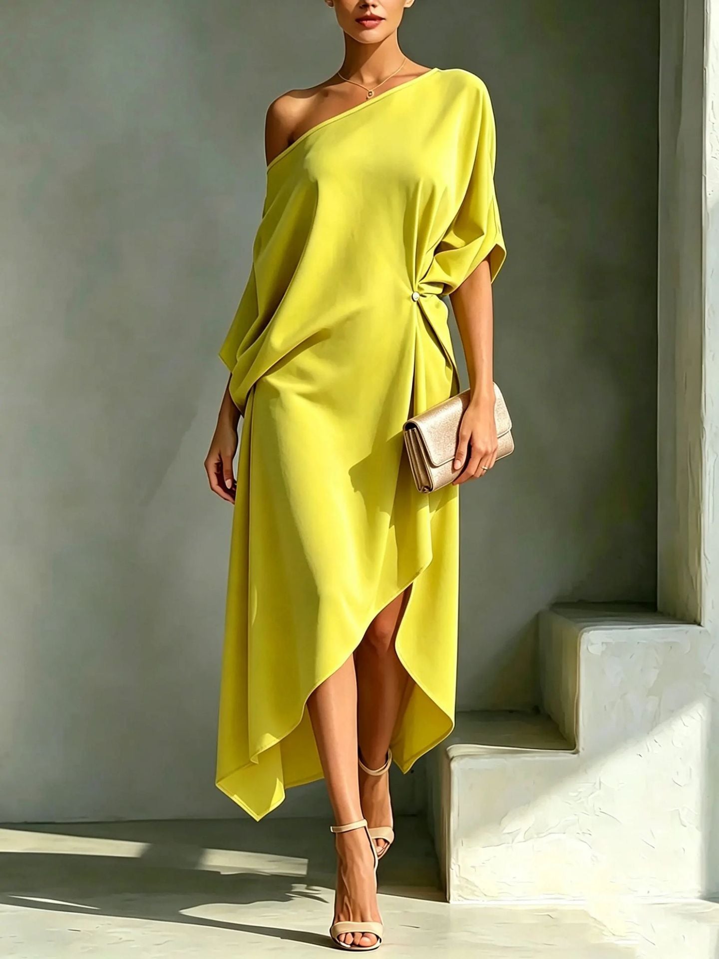 Robe élégante asymétrique Camila de Danoir Paris portée, tissu fluide et coupe moderne.