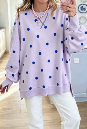 Sweatshirt chic jaune soleil et bleu à pois de Danoir Paris, en coton, avec col rond et manches longues.