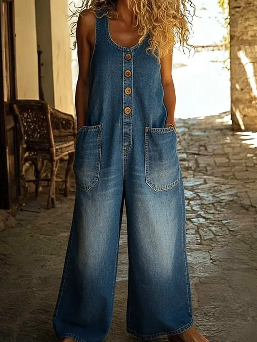 Salopette en denim vintage lavé de coton Danoir Paris, combinaison bleue avec bretelles et poches, style décontracté.