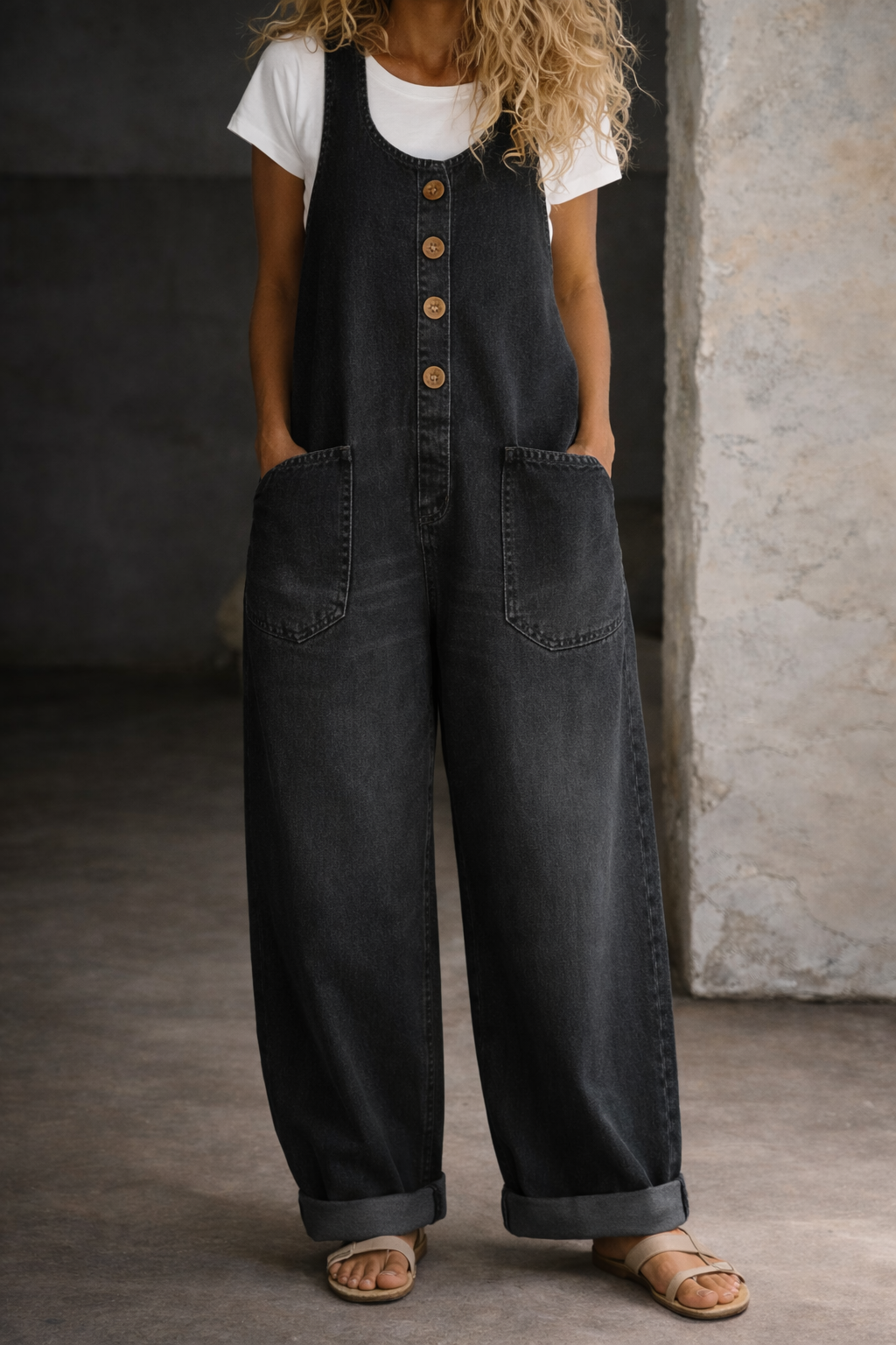Salopette en denim vintage lavé de coton Saylor de Danoir Paris, style jumpsuit bleu avec bretelles et poches.