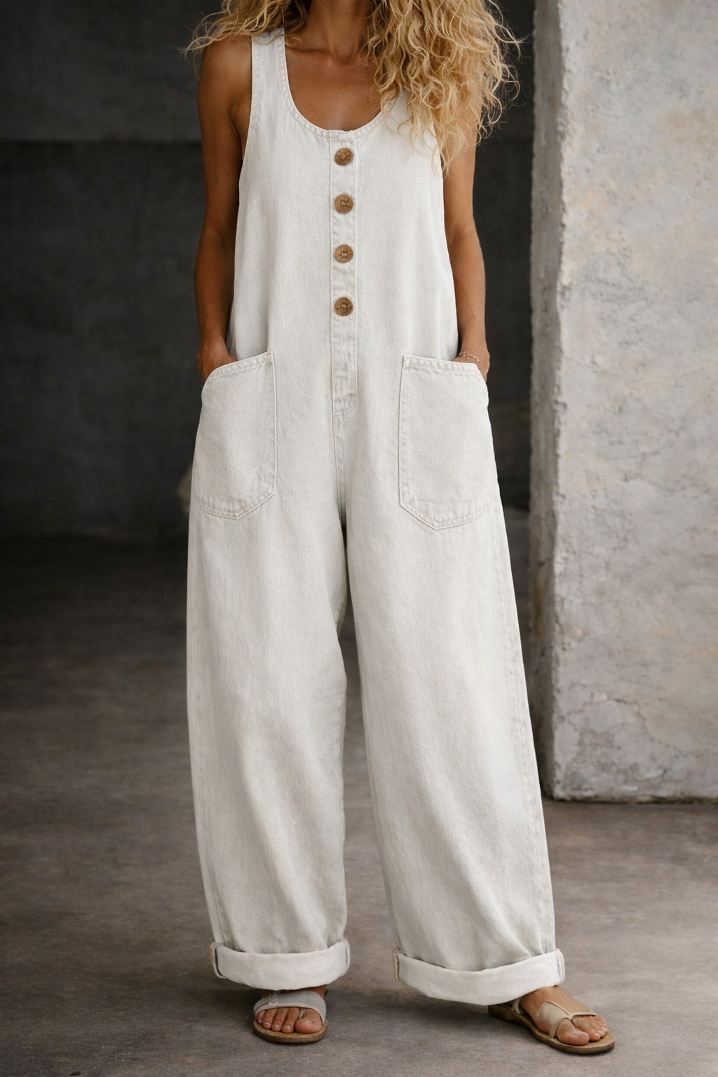Ensemble de salopette en denim vintage lavé blanc de Danoir Paris, vêtement de type jumpsuit avec bretelles et poches.