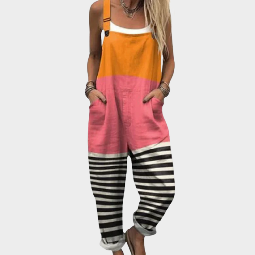 Salopette imprimée confortable Danoir Paris en orange, rose et noir, tenue décontractée pour femmes.