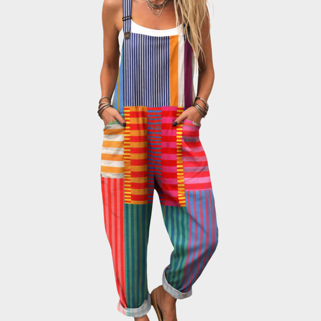 Salopette imprimée confortable de Danoir Paris, vêtement de type jumpsuit, visible en tissu léger avec motif coloré.