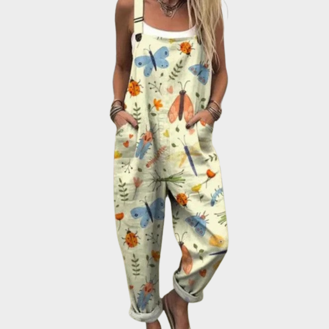 Salopette imprimée confortable de Danoir Paris, vêtement de type jumpsuit avec motif coloré, porté sur un mannequin.