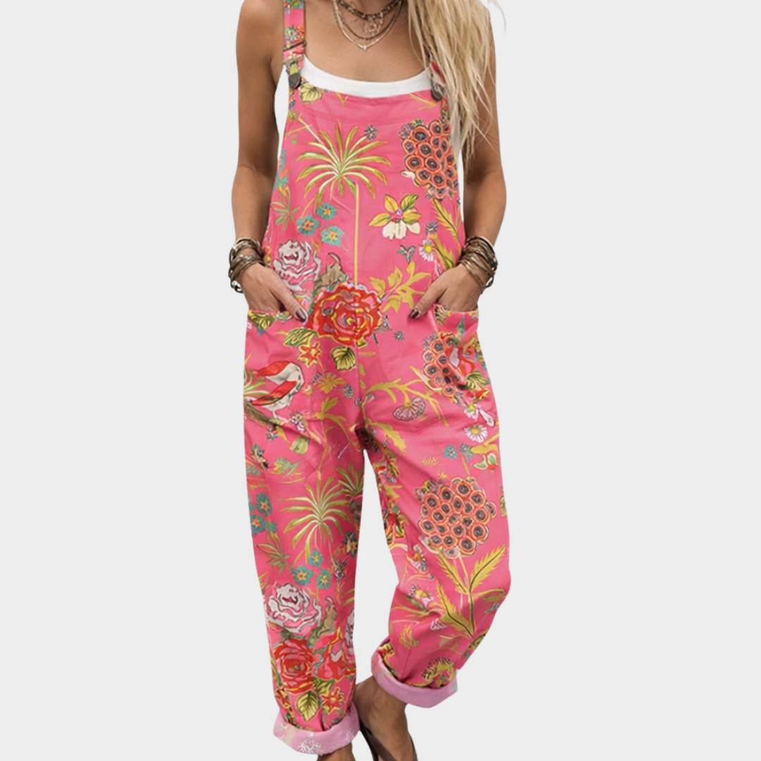 Salopette imprimée confortable de Danoir Paris, vêtement de type jumpsuit avec motif coloré, vue en gros plan.