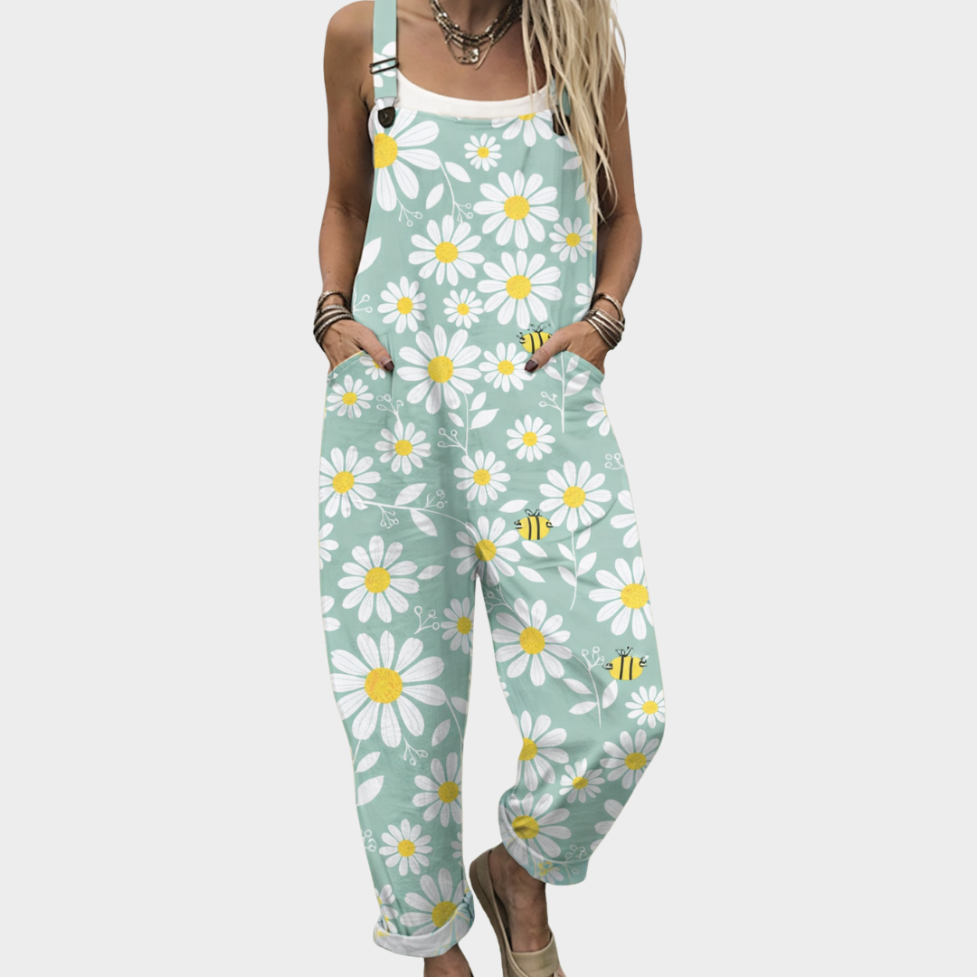 Salopette imprimée confortable de Danoir Paris, combinaison pantalon avec motif coloré, tissu léger et ajustable.