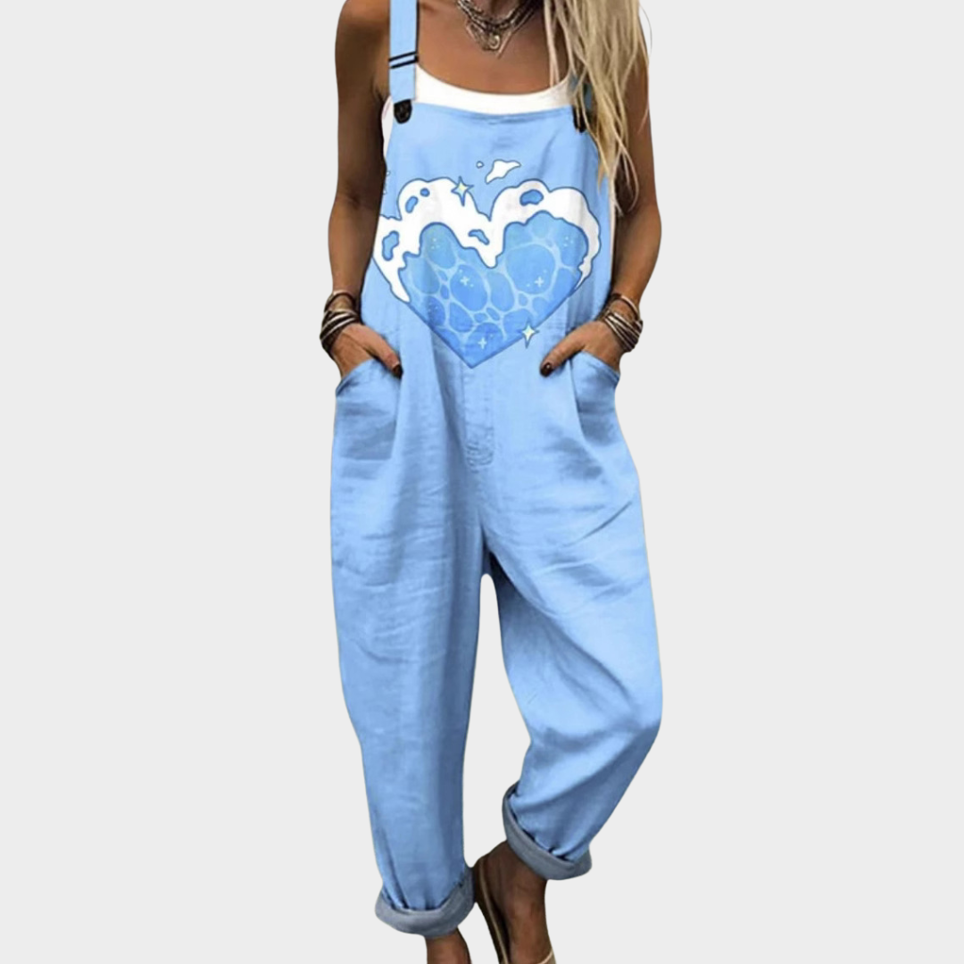 Salopette imprimée confortable de Danoir Paris, combinaison pantalon légère avec motif coloré, vue de face.