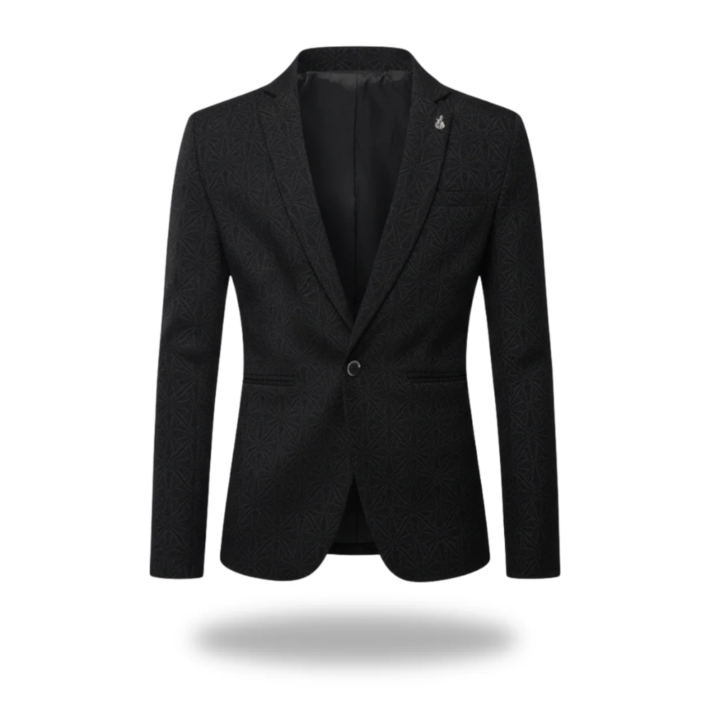 Blazer masculin tendance Danoir Paris, coupe élégante, en tissu noir avec revers et boutons, porté sur un mannequin.