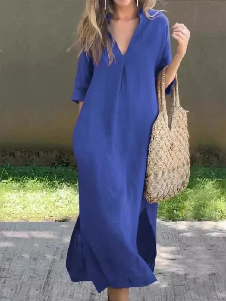 Robe longue décontractée Fiora de Danoir Paris, tissu fluide et confortable, portée décontractée avec manches longues et coupe élégante.