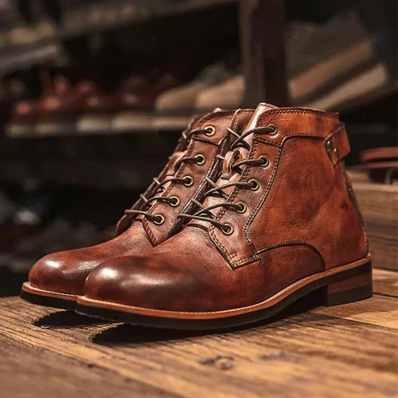 Bottes en cuir pour homme Hunter™ de Danoir Paris, visibles en image, avec design élégant et finition en cuir noir.