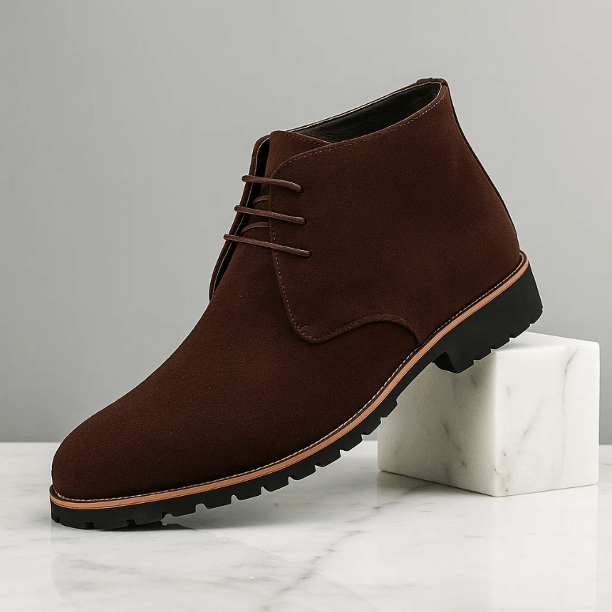 Chaussures chukka pour hommes Danoir Paris™ en cuir marron, avec lacets et semelle en caoutchouc, vue de côté