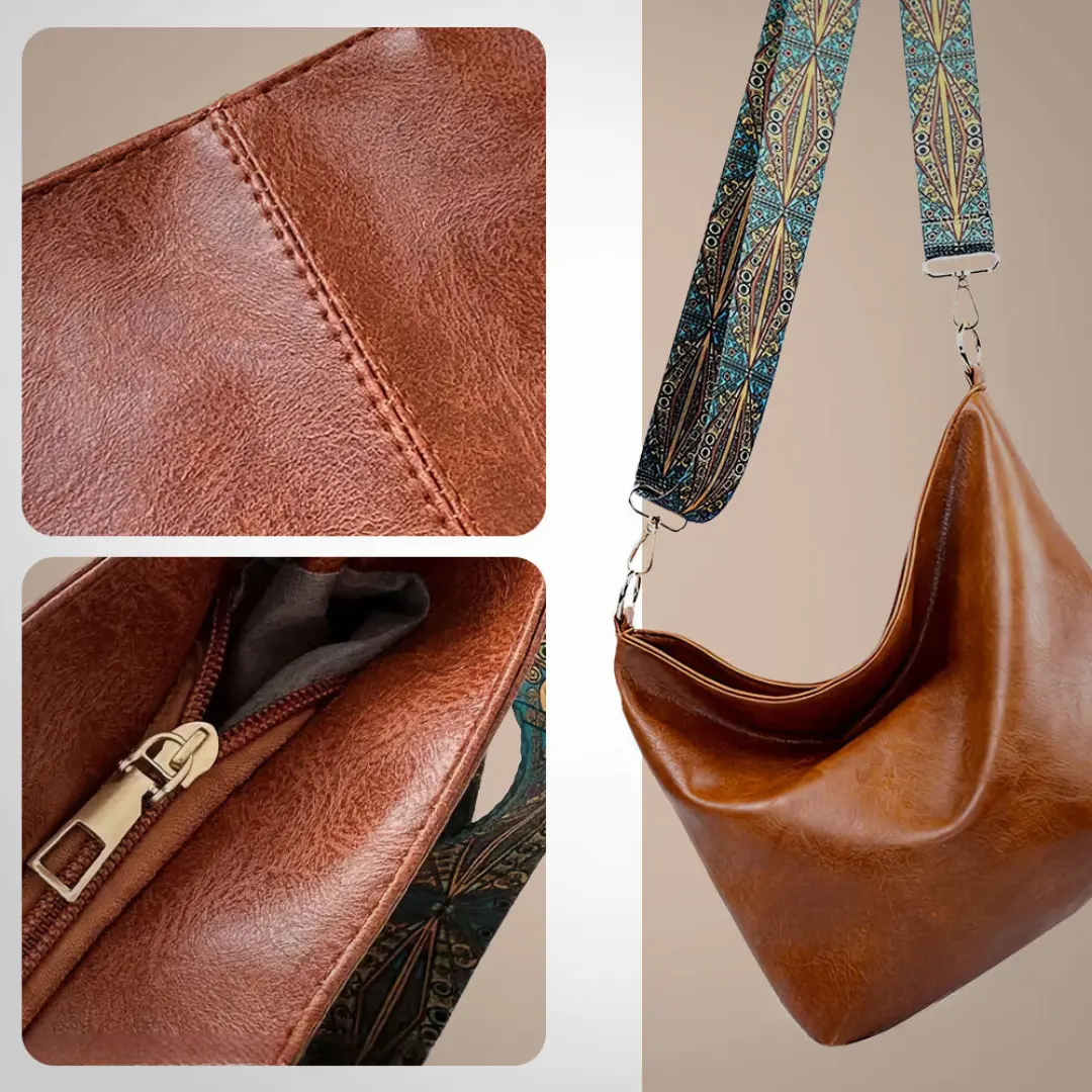 Sac à bandoulière vintage Danoir Paris Freya en cuir marron clair, design intemporel et élégant pour un style classique.