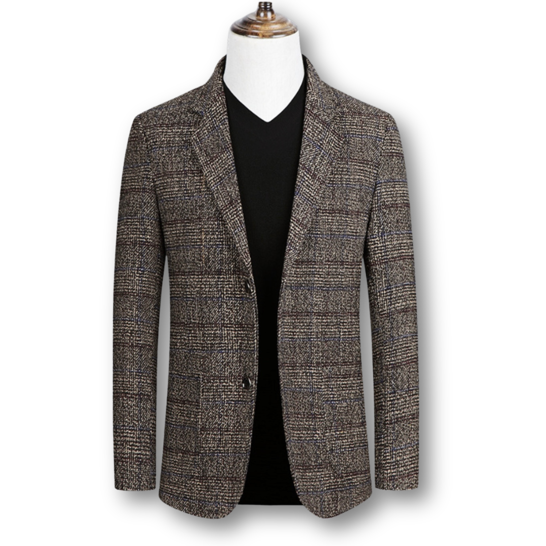 Blazer élégant en tissu écossais de Danoir Paris, veste pour homme avec motif à carreaux et coupe sophistiquée.