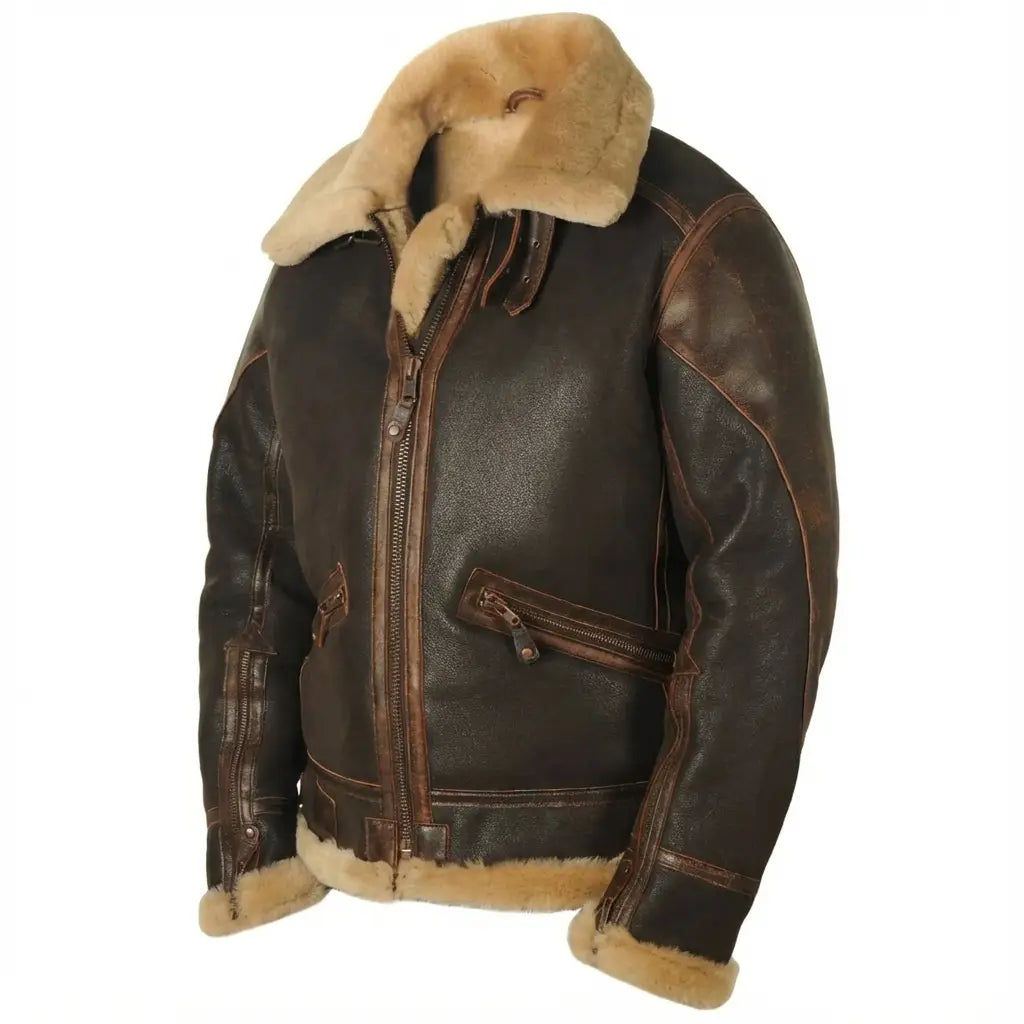 Blouson aviateur classique Danoir Paris™ en tissu noir, avec col en fausse fourrure et fermeture éclair.