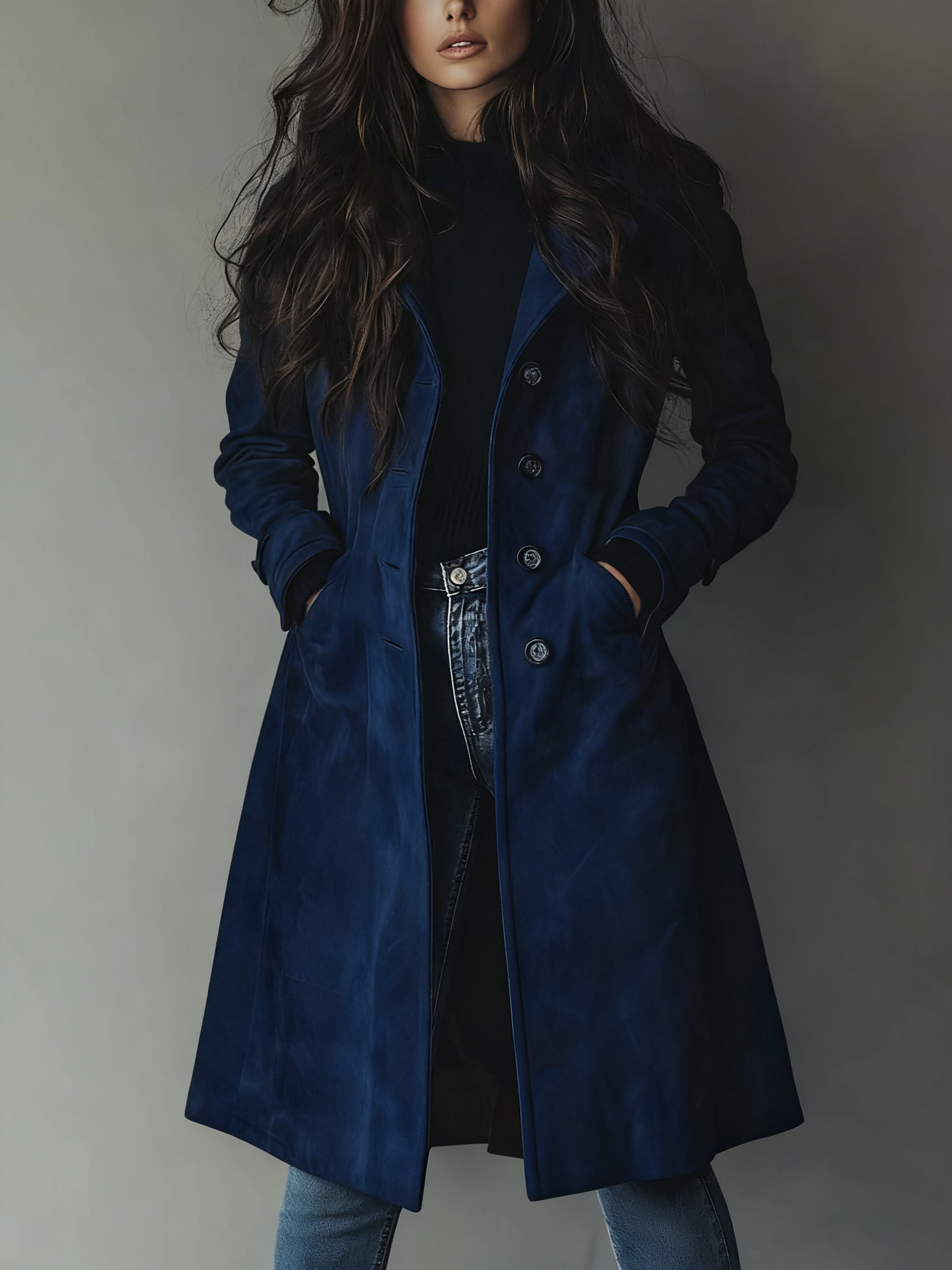 Manteau trench en daim vintage Danoir Paris, style classique avec ceinture et revers, porté sur un mannequin.