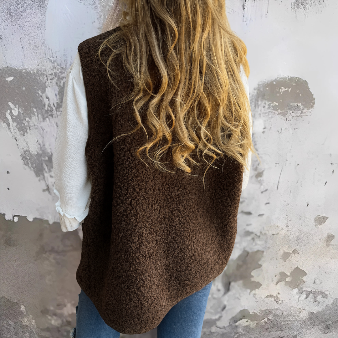 Gilet doux d'automne Ebba de Danoir Paris, en laine beige avec col en maille, porté sur un mannequin.