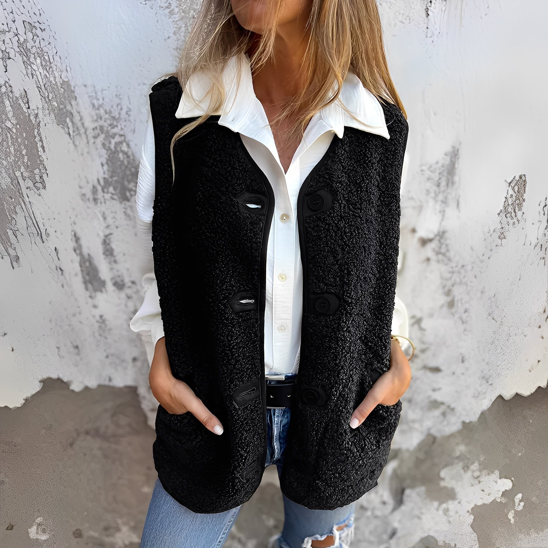 Gilet d'automne noir Danoir Paris Ebba, doux et chaud, porté avec col en maille et manches longues, vue de face.