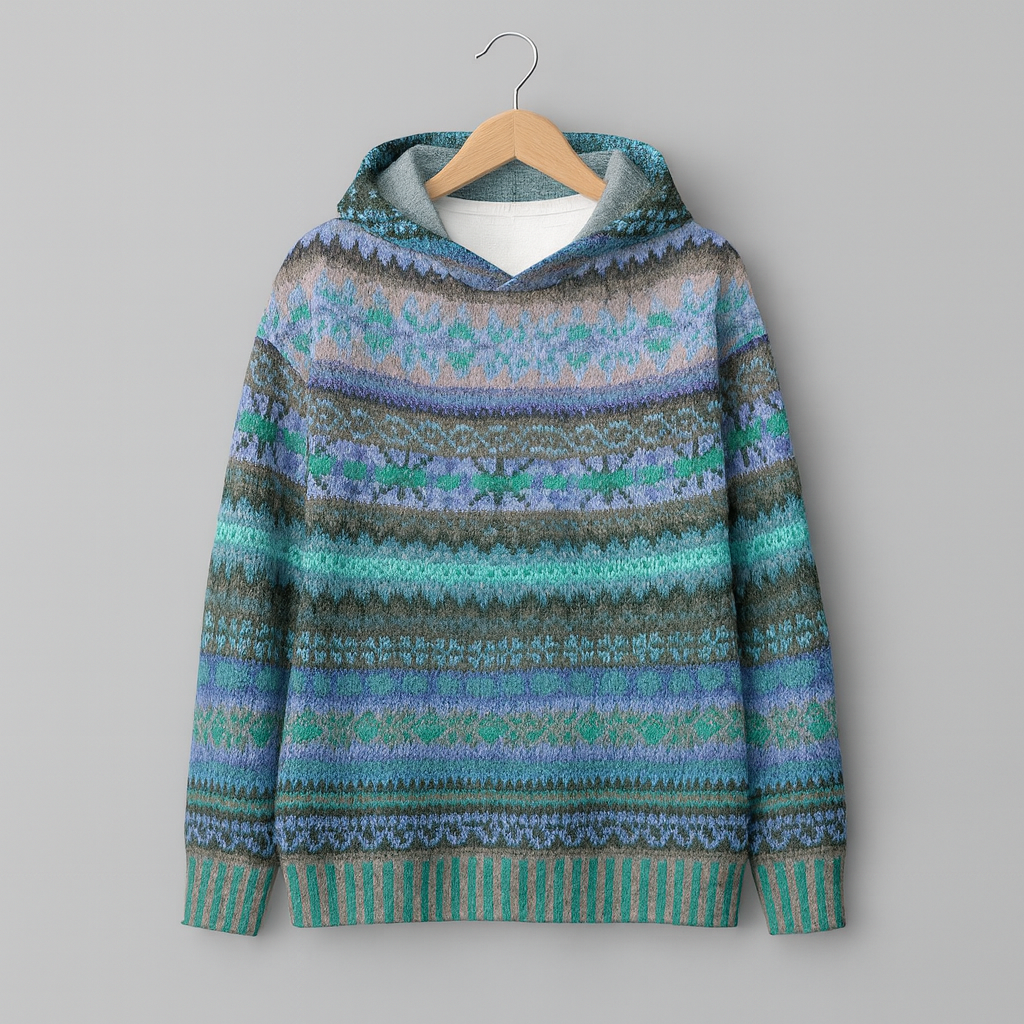 Pull en sweat ethnique chic Julliet de Danoir Paris, détail coloré et motifs modernes, porté sur mannequin.