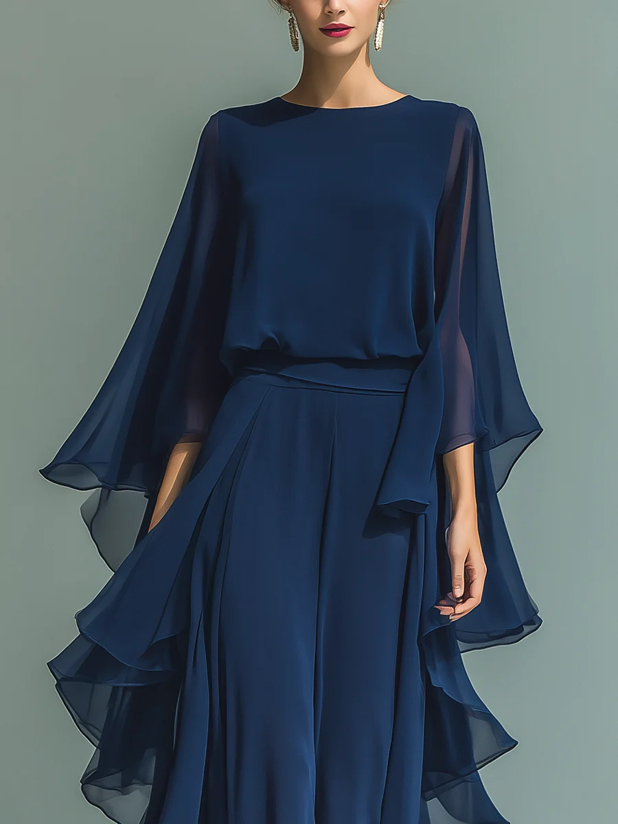 Ensemble assorti Aurora de Danoir Paris, complet élégant en chiffon avec volants, couleur bleu, taille XS, pour femme.