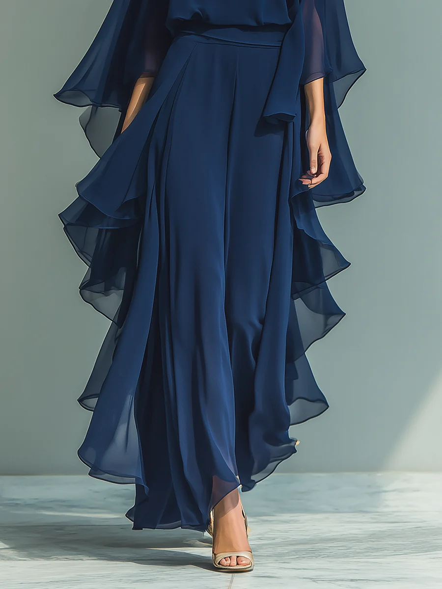 Ensemble coordonné Aurora Danoir Paris, élégant en chiffon avec volants, en bleu, taille XS, vue de l'ensemble complet.
