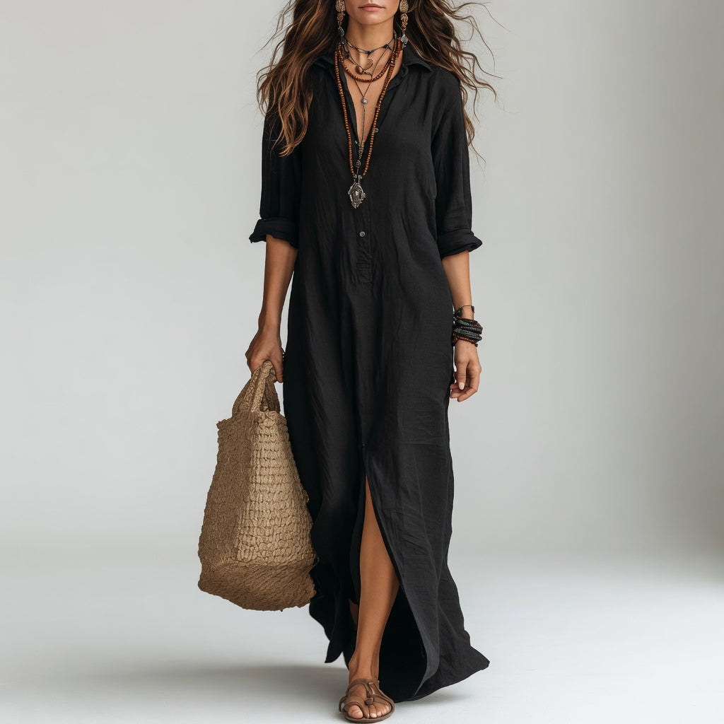 Robe longue chemise bohème Violaine™ noire de Danoir Paris, tenue élégante en tissu fluide avec col et manches longues.
