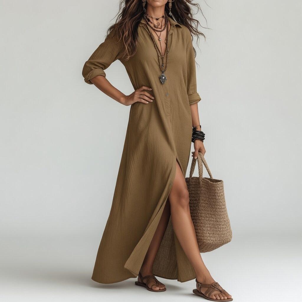 Robe longue bohème Violaine™ de Danoir Paris en khaki avec coupe chemise élégante et détails naturels.