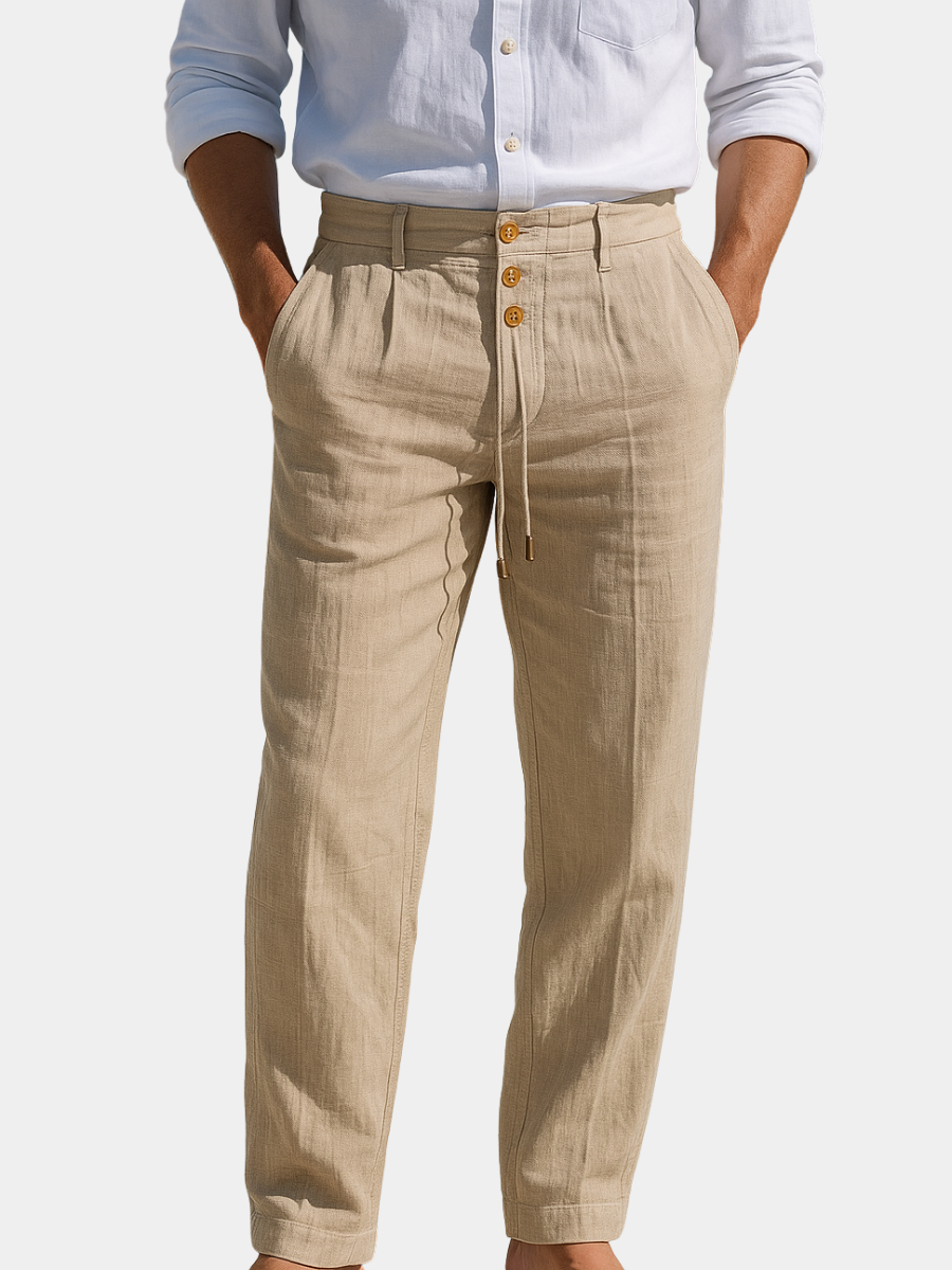 Pantalon d'été en lin léger pour homme de la marque Danoir Paris, coupe décontractée, couleur beige.