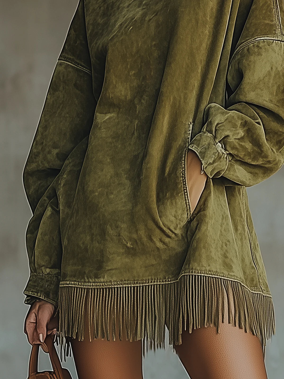 Robe tunique en daim vert Danoir Paris Darcie, mini robe à franges, look bohème, en tissu souple, pour femmes.