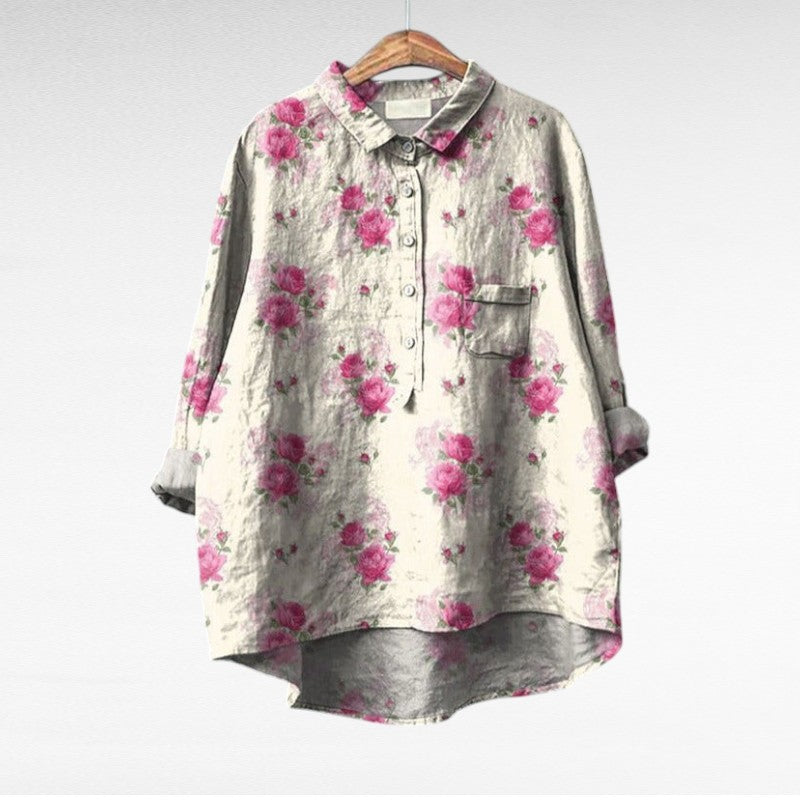 Blouse d'été élégante en lin Claire de Danoir Paris, motif léger et fluide, parfaite pour la saison estivale.